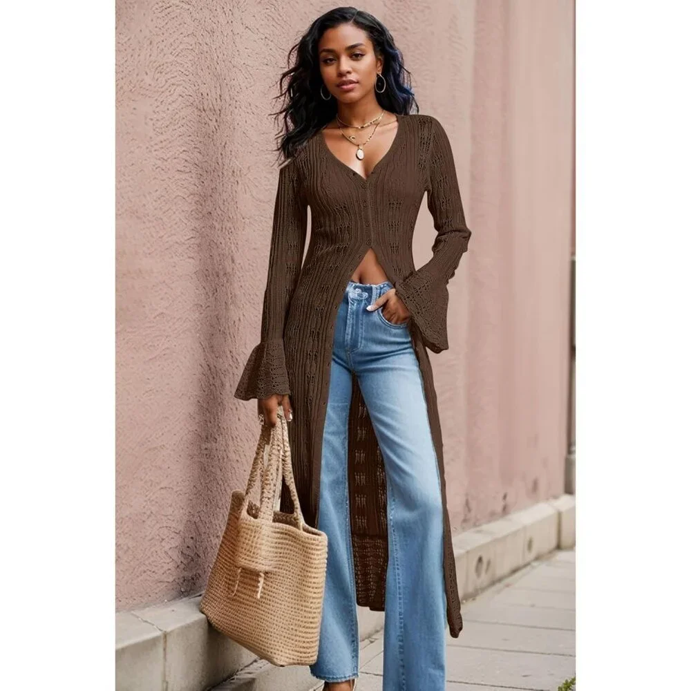 Maxi Long Brown Cardigan Sweaters For Women Sleeve Ruffle Cover Up Fall Dress